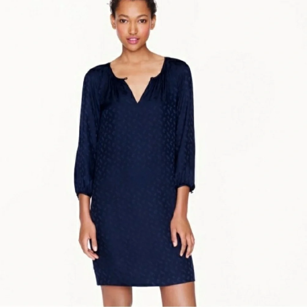 J. Crew 100% Silk  Tonal Paisley Dark Navy Blue Shift Mini Dress Size 4